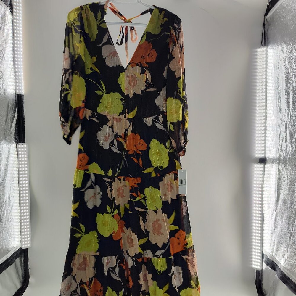 Donna Morgan Women's V Neck Maxi Dress w Tiered Skirt Back Cutout Size 6 P#334